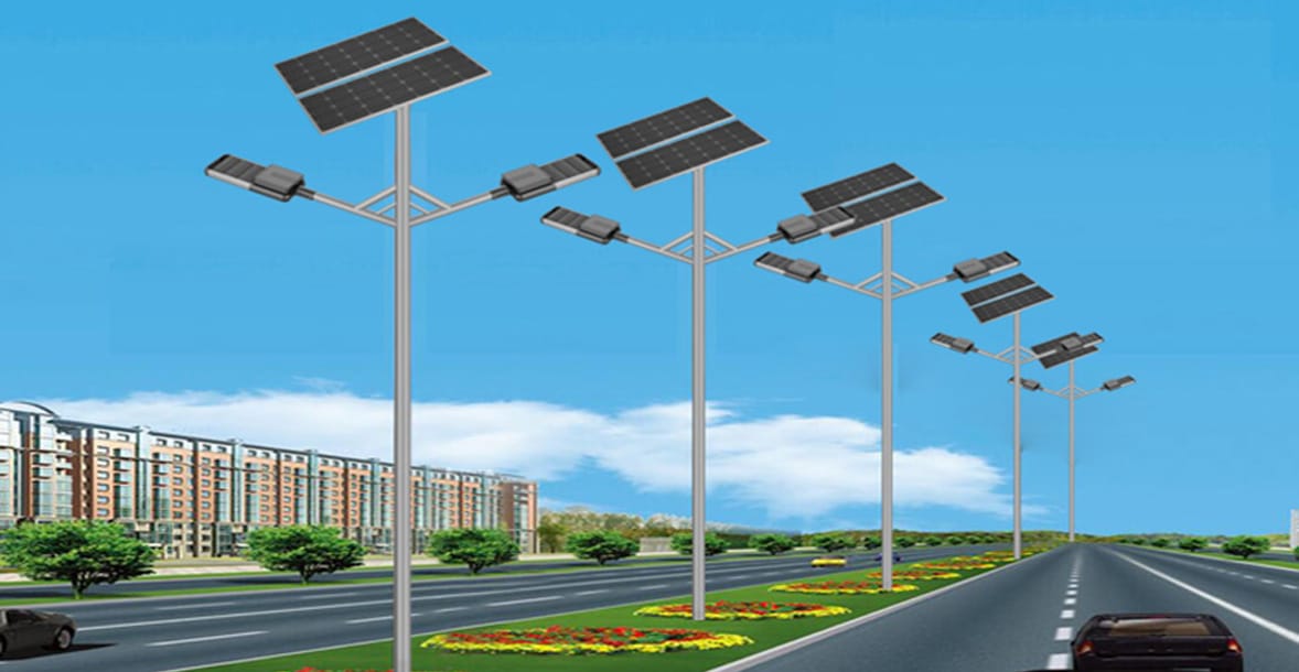 solar street light installation in the middle of the road