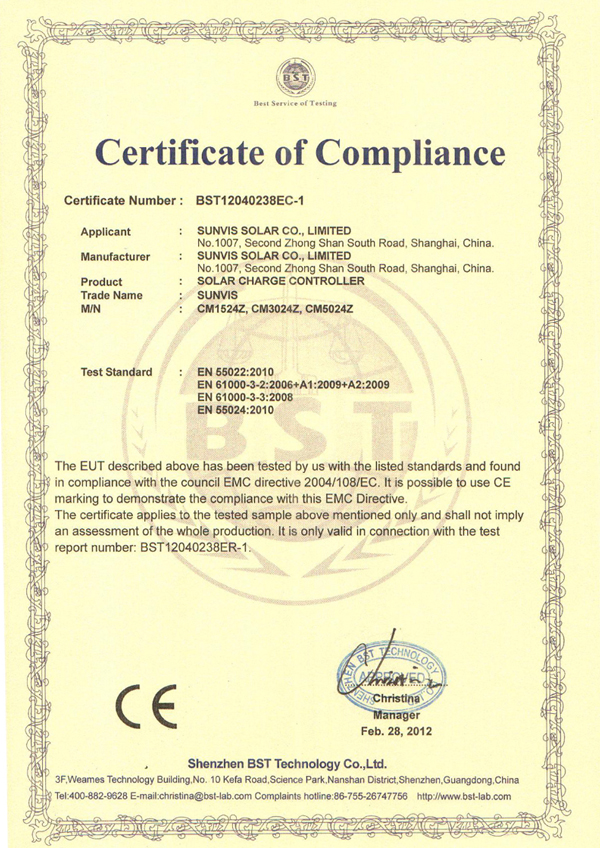 Certificat-CE pour contrôleur solaire