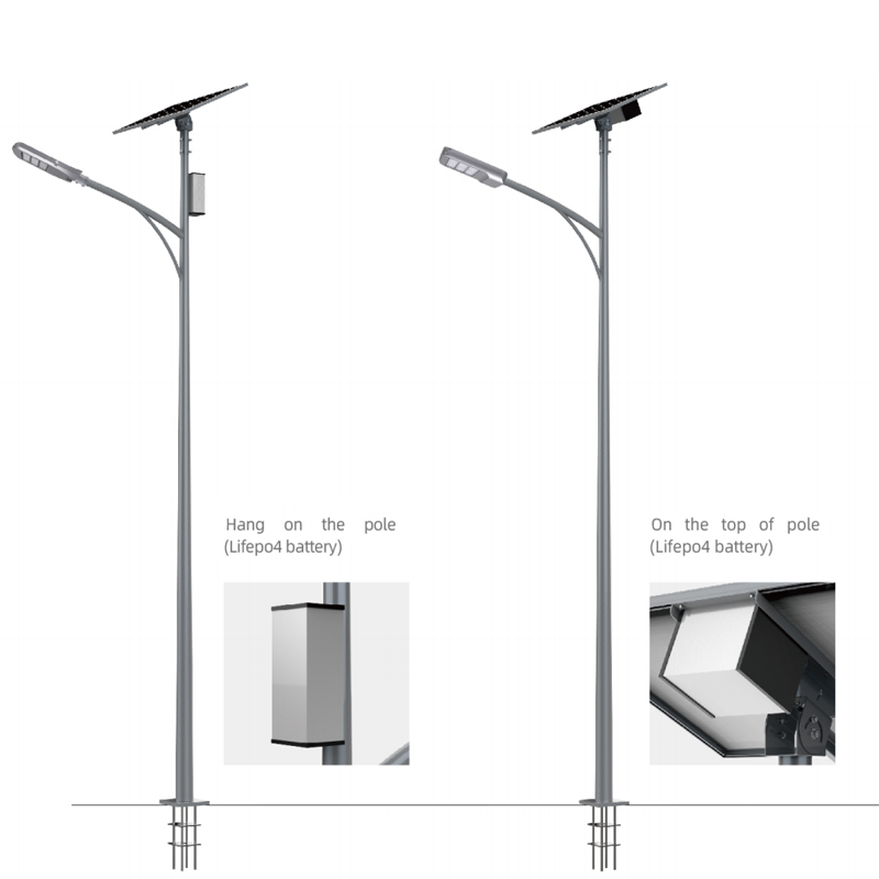 Уличный светильник на солнечных батареях с литий-железо-фосфатным аккумулятором, устанавливаемый на столб.